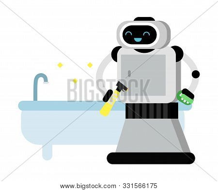 Cute Robot Home Assistant Stands Near A Clean Bath. Vector Illustration.