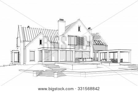 3D Rendering Of Modern Clinker House On The Ponds With Pool Black Line On White Background