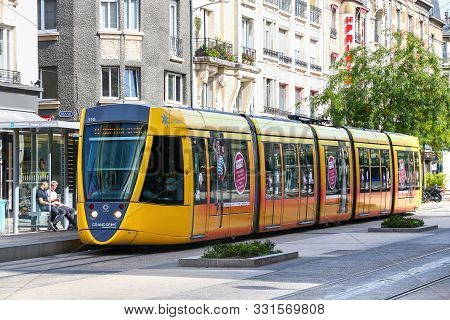 Reims, France - September 16, 2019: Articulated Urban Tramway Alstom Citadis 302 In The City Street.
