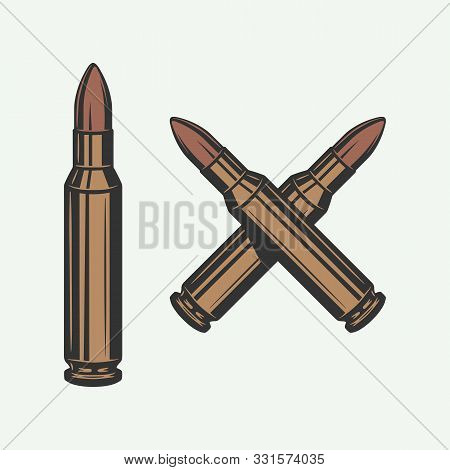 Set Of Vintage Retro Bullets. Can Be Used For Logo, Emblem, Badge, Poster Design. Line Woodcut Style