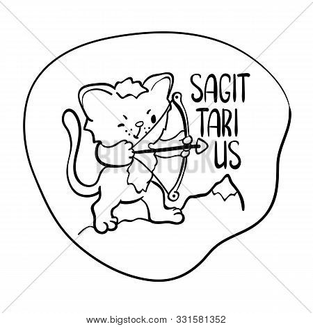 Sagittarius Astrological Zodiac Sign With Cute Cat Character. Sagittarius Vector Illustration On Whi