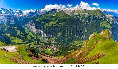 Mountain Range Breithorn Of Pennine Alps And Lauterbrunnen Valley In Swiss Alps, Switzerland As Seen