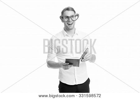 Self Improvement Literature. University Student With Lecture Notes. Book Nerd Wearing Cute Glasses. 