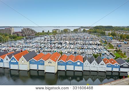Aerial from the harbor from Huizen in the Netherlands