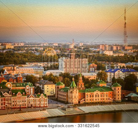 Sunrise Top View To Center Of Yoshkar-ola City And Kokshaga River Embankment. City  Wakes Up. Yoshka