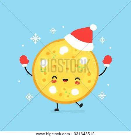 Cute Smiling Happy Pizza In Christmas Hat And Gloves. Vector Flat Cartoon Character Illustration. Ch