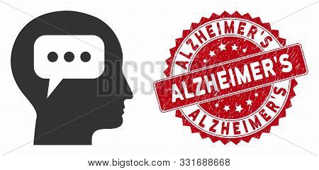 Vector Head Opinion Icon And Distressed Round Stamp Seal With Alzheimers Phrase. Flat Head Opinion I