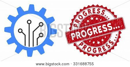 Vector Gear Chip Icon And Rubber Round Stamp Seal With Progress... Caption. Flat Gear Chip Icon Is I
