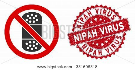 Vector No Patch Icon And Corroded Round Stamp Seal With Nipah Virus Text. Flat No Patch Icon Is Isol