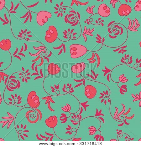 A Seamless Vector Botanical Pattern With Doodle Tulips In Bright Colors. Girly Surface Print Design.