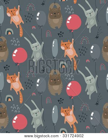 Vector Seamless Pattern With Wild Forest Animals Fliyng On Balloons.