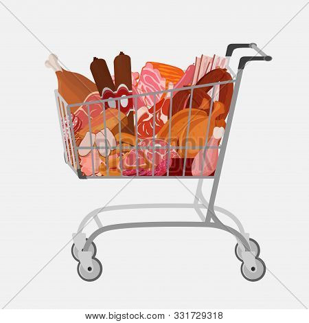 Shopping Cart With Different Meat Such As Roast Chicken And Prime Rib, Sausage, Salami And Ham, Sirl