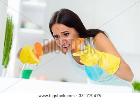 Close Up Photo Of Anxious Girl Want Shine Perfect Desk Find Dirt Dust Cant Clean Polish Use Two Spra