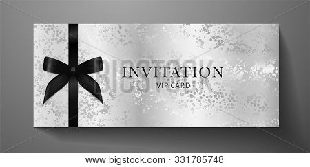 Luxurious Vip Invitation Template With Black Bow, Ribbon On Silver Textured Background. Premium Clas