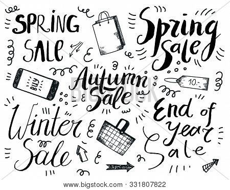 Vector Set Of Sale Doodles. Spring, Autumn, Winter Sale, End Of Year Sale Lettering