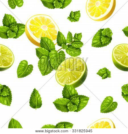 Spices Herbs Seamless Pattern. Mint, Lime And Lemon Seamless Pattern On A White Background, Isolated