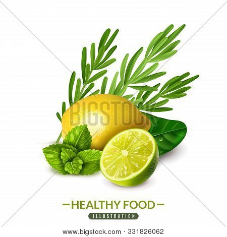 Spices Herbs Simple Illustration. Mint, Lime, Lemon And Rosemary Simple Illustration On A White Back