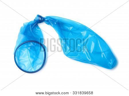 Blue Used Condom On White Background. Safe Sex Concept