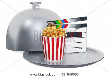 Restaurant Cloche With Clapperboard And Popcorn Container. Cinema Concept, 3d Rendering Isolated On 