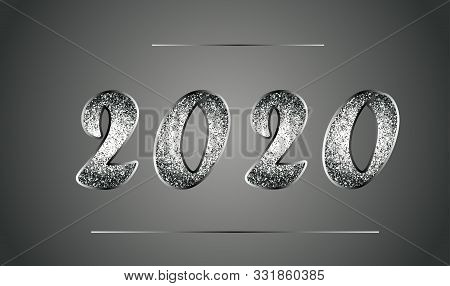 Elegant Template Of New Year 2020 In Black And White Tones With Glitter. Shiny Metal Texture. Vector