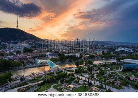 The Evening Panorama Of The Old Town In The Old District Of Avlabari, Holy Trinity Cathedral And Rik