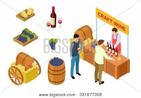 Craft Wine Tasting. Winemaking Isometric Concept. Vector Grapes, Cheese, Market Stall, Wooden Barrel