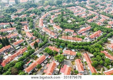 Caotun, Taiwan - October 31th, 2019: aerial view of street scenery with old house and trees at Zhongxing New Village, Nantou, Taiwan