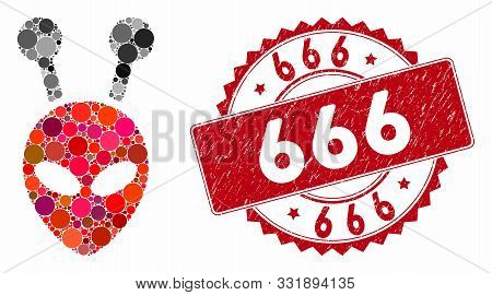 Mosaic Antenna Alien Head And Corroded Stamp Watermark With 666 Text. Mosaic Vector Is Formed With A