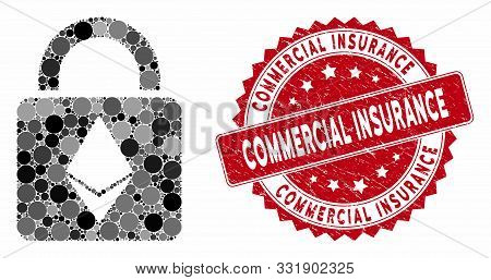 Mosaic Ethereum Lock And Grunge Stamp Seal With Commercial Insurance Caption. Mosaic Vector Is Compo