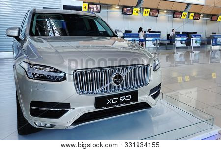 Kharkiv, Ukraine - 19 August, 2018: New shiny silver Volvo XC 90 in Kharkiv airport exhibition