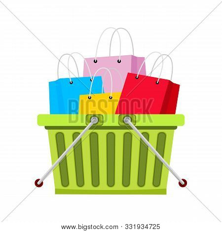 Fool Supermarket Shopping Cart With Present. Food Store, Supermarket. Vector Isolated Illustration O