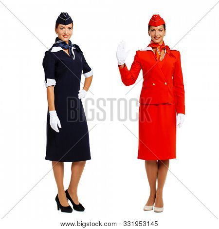 Collage two portrait of a young beautiful Russian stewardess in uniform - isolated on white background