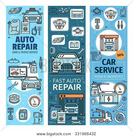 Auto Repair, Car And Truck Services Linear Icons. Vector Fast Vehicles Computer Diagnostics And Main