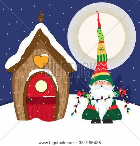 Beautiful Christmas Scene With Gnome. Vector. Flat Design.