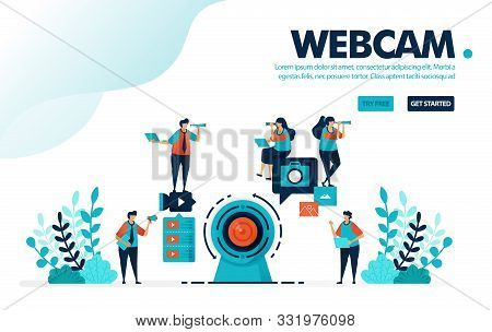 Vector Illustration Webcam Camera. People Record Using A Webcam For Live Streaming Or Webinars. Soci