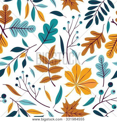 Vector Seamless Pattern Of Autumn Leaves, Branches And Berries. Background For Textile Or Book Cover