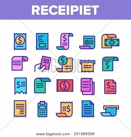 Receipt Bill Collection Elements Icons Set Vector Thin Line. Receipt Invoice With Dollar Mark, Money