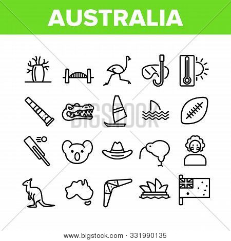 Australia Country Nation Cultural Icons Set Vector Thin Line. Crocodile And Kangaroo, Koala And Parr