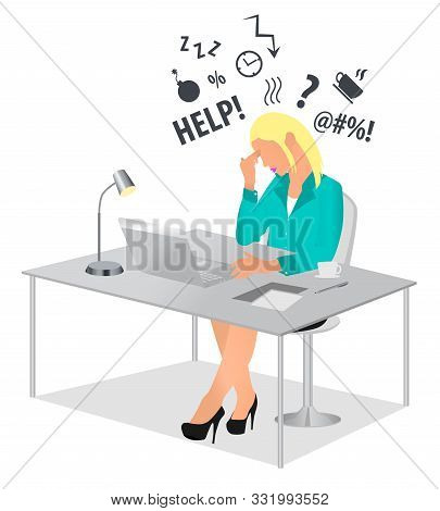Exhausted Woman Working At Office Desk And Touching Her Head. Overworked And Tired Businesswoman Or 