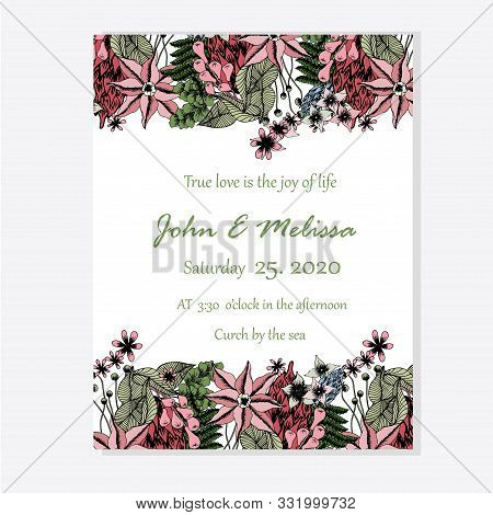 Floral Wedding Invitation, Pink Flower, Green Mosses, Vector Card Template On White Background Hand 