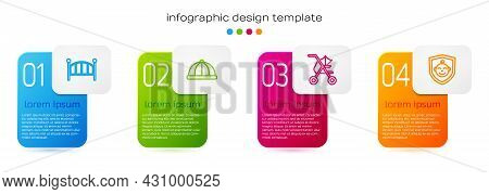 Set Line Baby Crib Cradle Bed, Hat, Stroller And On Shield. Business Infographic Template. Vector