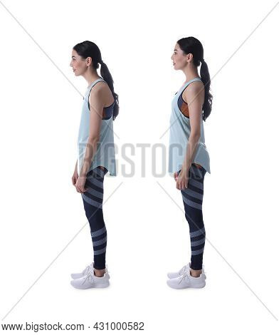 Collage With Photos Of Young Woman With Poor And Good Posture On White Background
