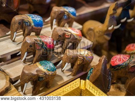 Close-up View Of The Carved Wooden Elephants Selling In The Souvenirs Stall At Ratchada Rot Fai Trai