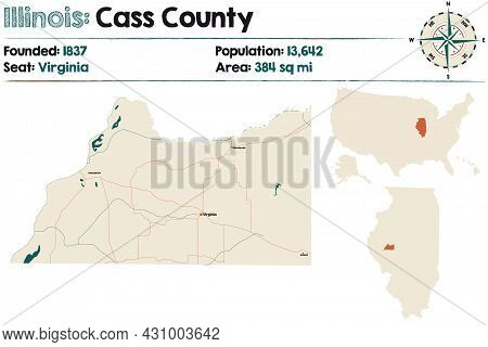 Large And Detailed Map Of Cass County In Illinois, Usa.