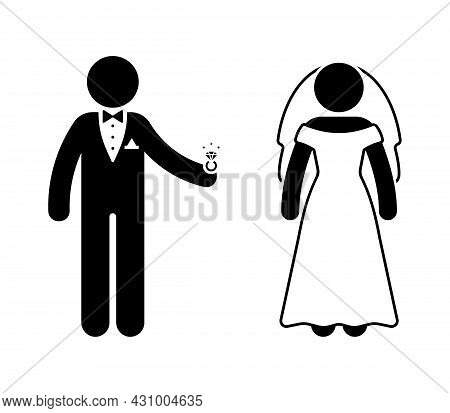 Stick Figure Groom, Fiance And Bride At Wedding Ceremony Vector Icon Illustration. Newlyweds With Di