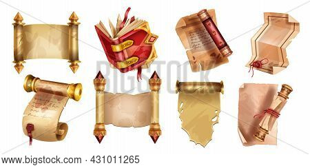 Old Parchment Paper Icon Set, Vector Ancient Papyrus Manuscript Illustration, Antique Vintage Roll O