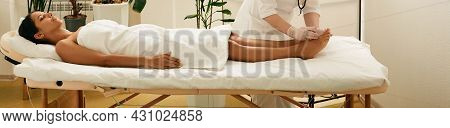 Reflexologist Doing Acupuncture Therapy For Patient Feet With Needles. Acupuncture, Reflexology, Acu
