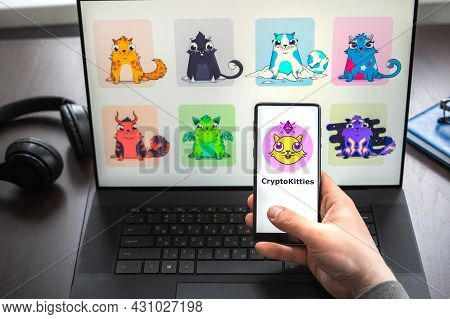 Russia Moscow 30.05.2021.logo, Screenshot Of Blockchain Nft Ethereum Cryptocurrency Game Cryptokitti