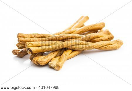 Grissini sticks. Traditional italian bread sticks isolated on white background.
