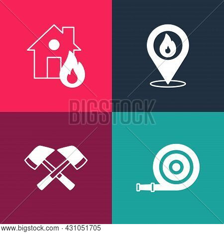 Set Pop Art Fire Hose Reel, Firefighter Axe, Location With Fire Flame And In Burning House Icon. Vec